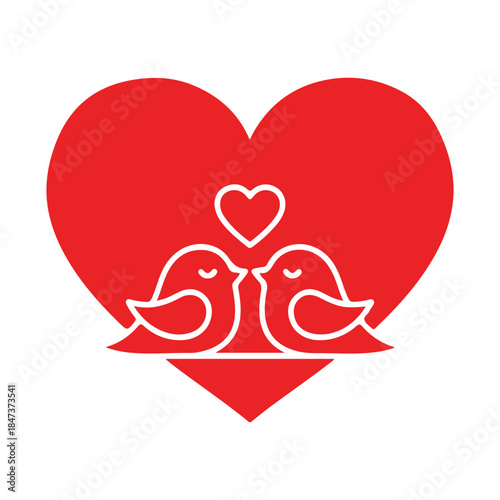 Two Cute Lovebirds Inside Red Heart Vector Illustration for Valentine's Day Design Isolated on White