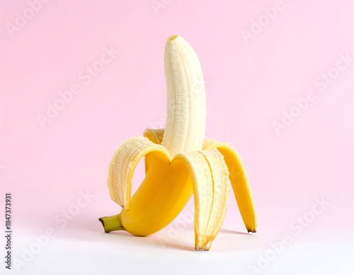 Vibrant peeled banana on pink background for healthy snack concepts