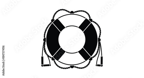 A striking black and white illustration of a life preserver ring with rope silhouette