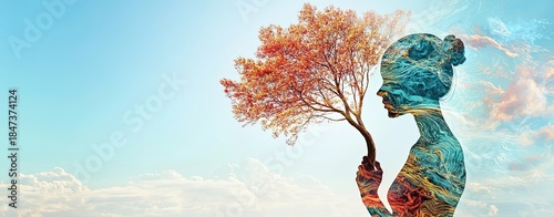 Artistic Double Exposure Silhouette of a Person Holding a Tree Against a Blue Sky Background