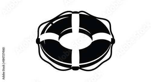 A striking black and white circular design featuring a cross and rounded shapes silhouette