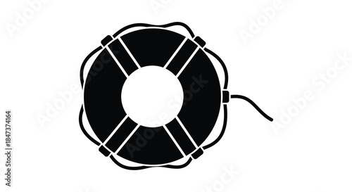 A striking black and white image depicts a circular life preserver showcasing a bold silhouette