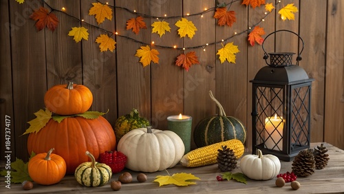 Pumpkins On Wooden Table - Thanksgiving Background With Vegetables And Bokeh Lights

