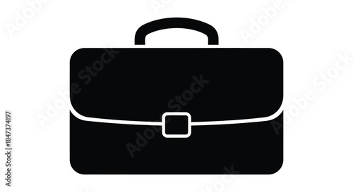 A stark black briefcase image with a handle and clasp presented as a silhouette