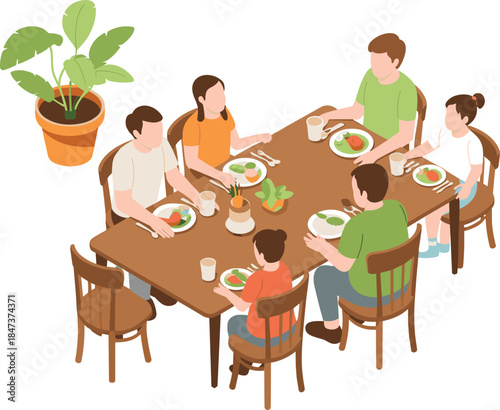 Isometric family dinner illustration with parents and children eating together at dining table home lifestyle flat vector design