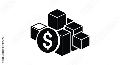 A striking arrangement of geometric cubes and a dollar sign presented in a bold silhouette