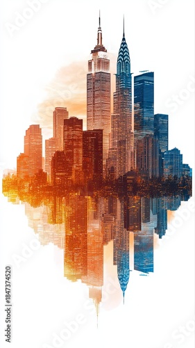 Stunning Double Exposure Silhouette of City Skyline with Vibrant Colors and Reflection Effect