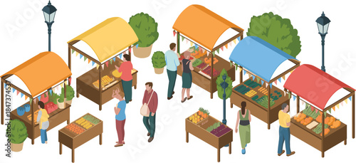 Isometric farmers market illustration with people shopping fresh fruits and vegetables at outdoor stalls local food lifestyle scene