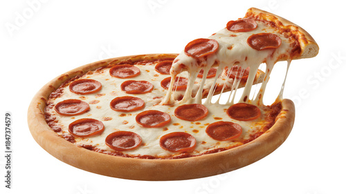 Принти на полотні Delicious pepperoni pizza slice being lifted showing extreme cheese pull against