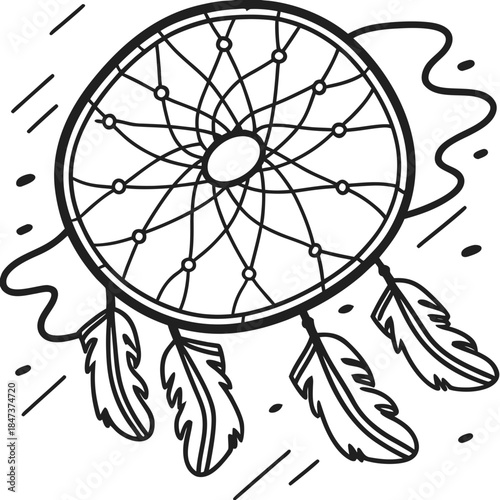 Dreamcatcher illustration with feathers and intricate design details  