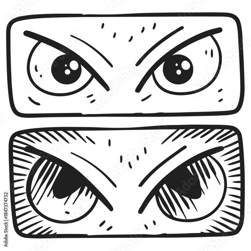 Cartoon eye illustrations with angry expressions in black and white  