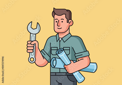 Man holding wrench and rolled blueprints, wearing work clothes.