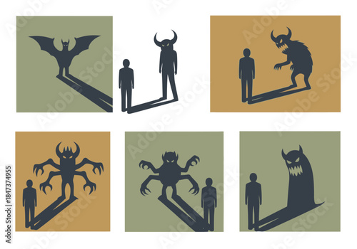 Silhouettes of people casting monstrous shadows, illustrating inner demons or fears.