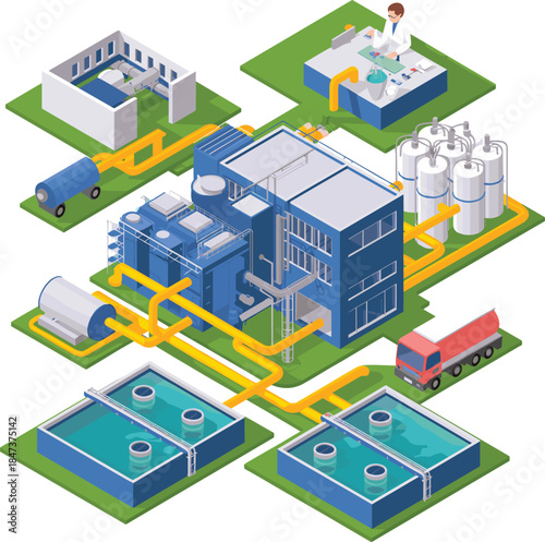 Isometric industrial water treatment plant illustration showing purification process pipelines tanks laboratory control system sustainable infrastructure technology concept