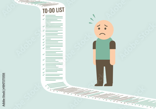 Man overwhelmed by a very long to-do list.