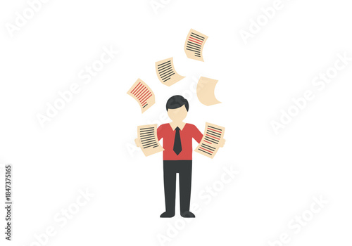 Man juggling papers and documents with scattered pages.