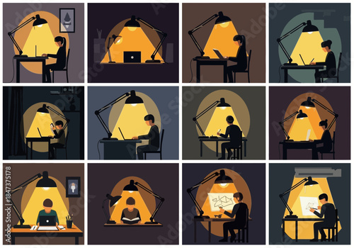 Person working at desk under desk lamp in various indoor settings.