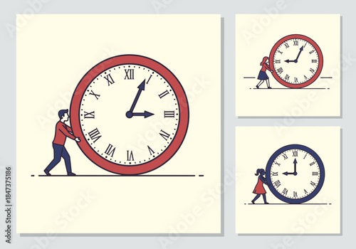 Person pushing a large clock, symbolizing time management and effort.