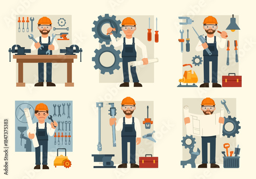 Construction workers with tools and blueprints in various work settings.