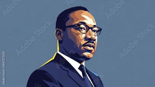 Portrait of a dark skinned man in a blue suit and glasses on a blue background