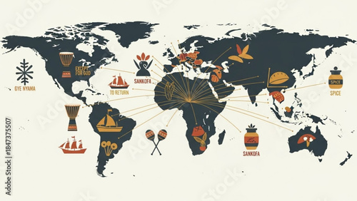 Vibrant illustration of cultural icons and symbols from around the world on a world map background