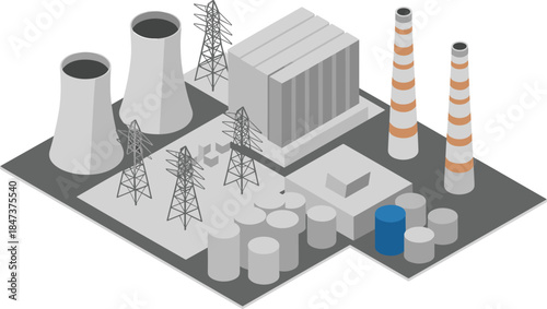 Isometric power plant and industrial facility illustration with cooling towers chimneys storage tanks and electrical transmission infrastructure