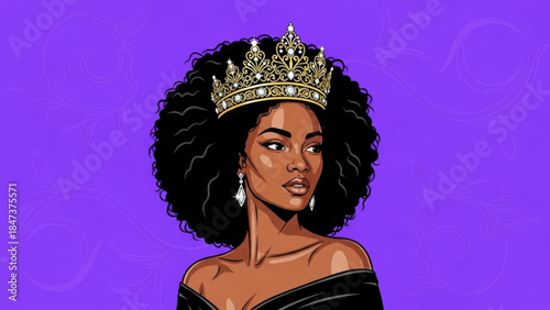 Illustration of a confident young woman with curly hair wearing a gold crown and black dress on purple background