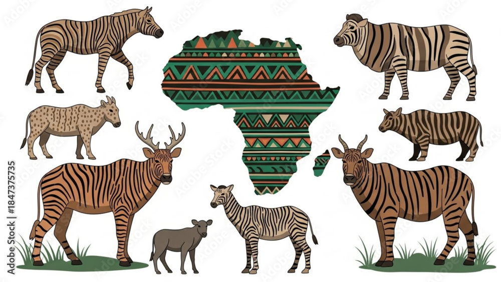 Obraz premium African wildlife animals including zebras, deer and antelope with decorative map of africa in background, showcasing safari inspired vector graphics