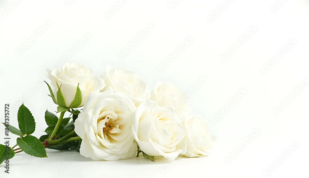 Obraz premium Elegant White Roses Bouquet on Clean High Key Background with Copy Space – Perfect for Wedding Invitations, Sympathy Cards, or Valentine's Day Floral Design