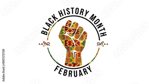 Vibrant kente cloth patterned fist in a circle with black history month february text