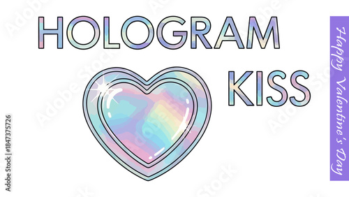 Hologram heart and kiss text for Valentine's Day in pastel colors vector illustration.