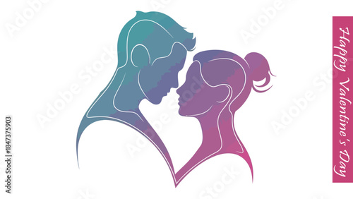 Valentine's Day couple silhouette transparent background pink and blue watercolor vector illustration.