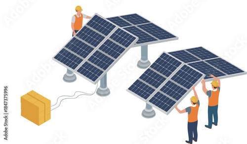 Isometric solar power installation illustration with workers mounting photovoltaic panels renewable energy clean electricity generation system