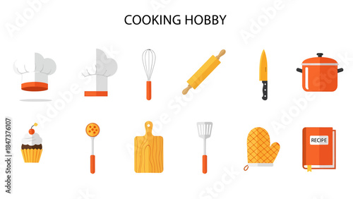 Flat icons depicting chef hats utensils food oven mitt and recipe book