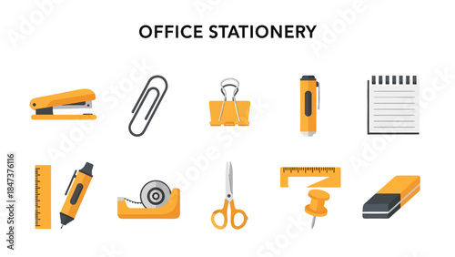Flat illustration of ten orange and gray office stationery items on white