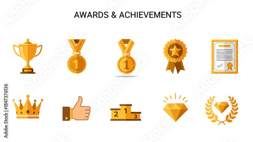 Gold icons depicting awards medals a crown diploma diamond and podium