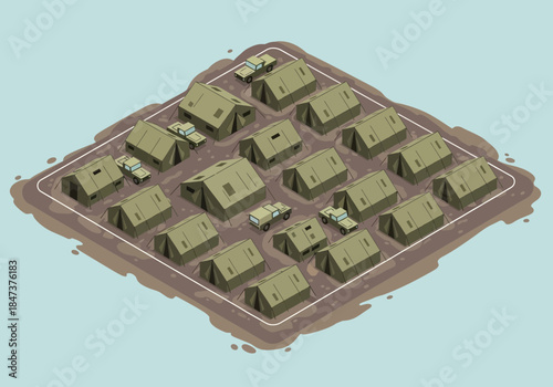 Isometric view of a village with many small, simple houses.