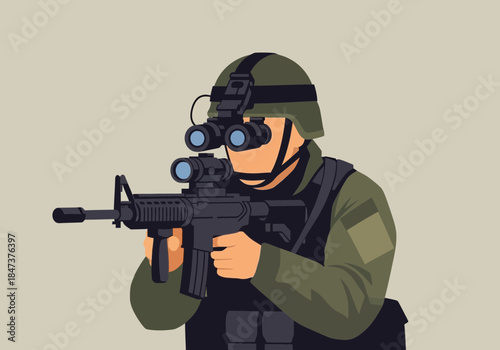 Soldier in helmet with night vision goggles aiming a rifle.