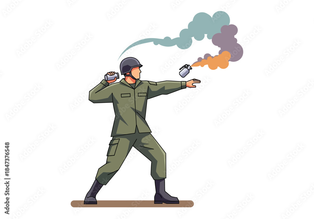 Obraz premium Soldier throwing a smoke grenade, emitting colorful smoke.