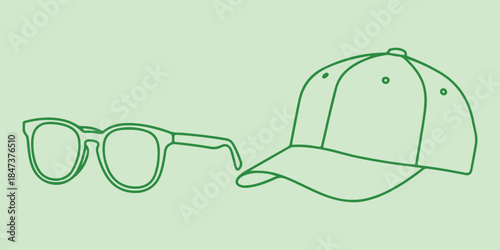Retro-style sunglasses and a baseball cap in green line art, evoking a vintage vibe