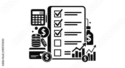 Financial planning icons depicting checklists calculator money and growth charts in a dark silhouette