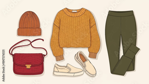 Stylish autumn outfit with sweater, shoes, hat, bag, and pants