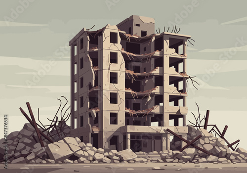 A tall, damaged building with debris surrounding its base.