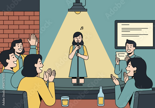 Woman performs on stage under spotlight for an audience.