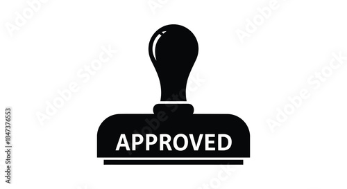 A stark black approved stamp design featuring a rectangular base and handle silhouette