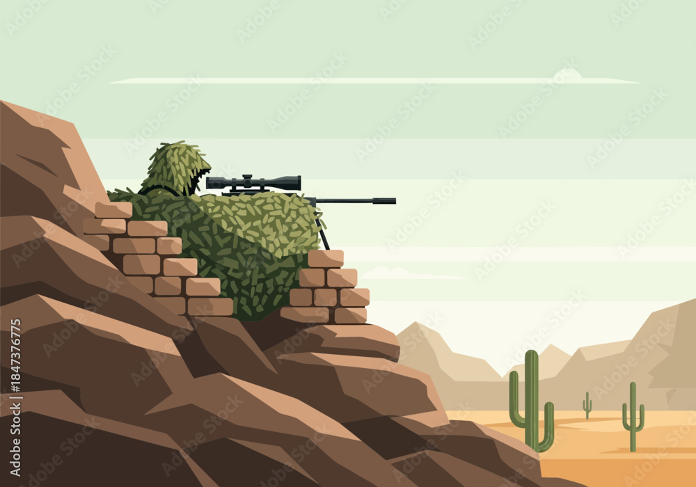 Obraz premium Camouflaged soldier with sniper rifle behind rocky cover in desert.