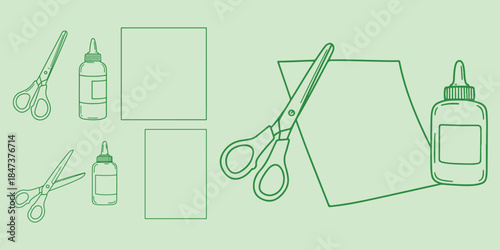 Hand-drawn green line art doodles of scissors, glue bottles, and paper squares on a pale green background. Crafting, school, and DIY project elements.