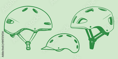 Collection of green line art doodles showcasing different types of helmets on a pale green background. Safety, sports, and protection gear illustrations.
