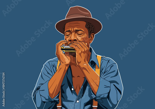 Man in hat and suspenders plays harmonica with eyes closed.