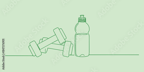 Fitness-focused green line art illustration of dumbbells and a water bottle on a pale green background. Healthy lifestyle, workout, and exercise elements.